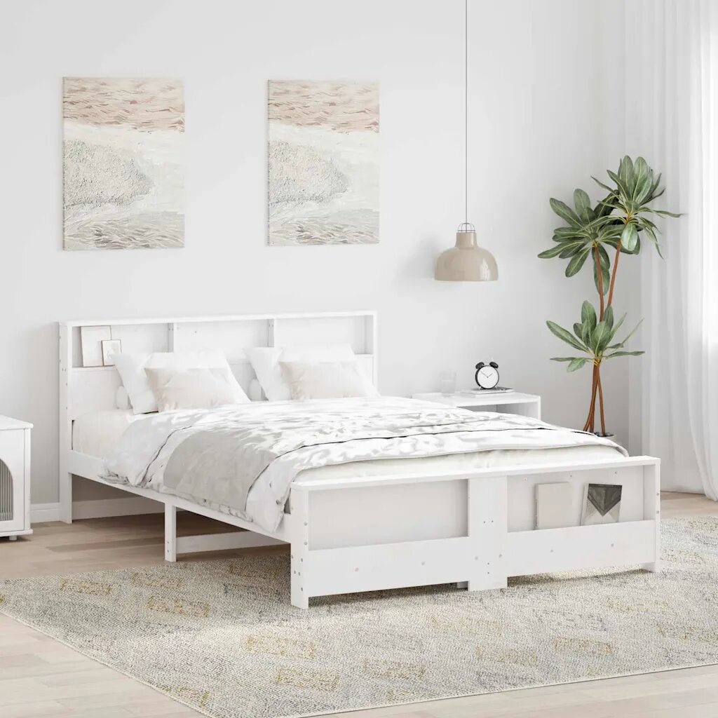 vidaXL Рамка за легло с рафт Бяло 150 x 200 cm Масивна боровина