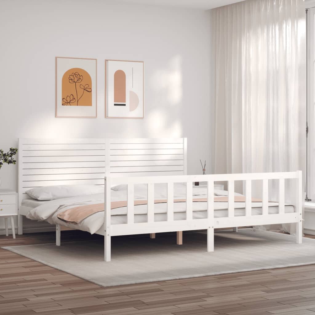 vidaXL Рамка за легло с табла бяла Super King Size дърво масив