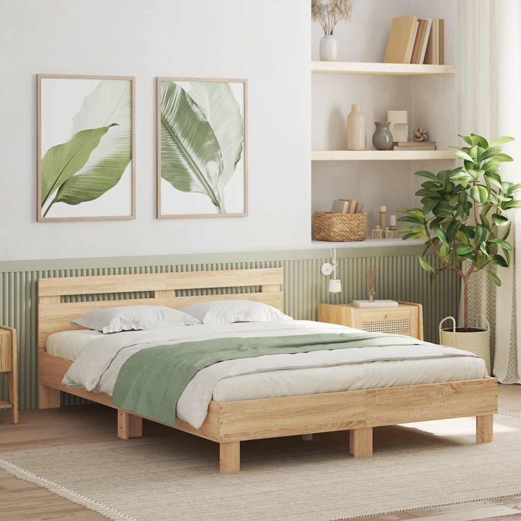 vidaXL Рамка за легло с табла дъб сонома 150x200 см инженерно дърво