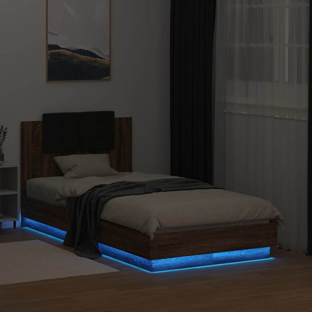 vidaXL Рамка за легло с табла и LED осветление кафяв дъб 75x190 см