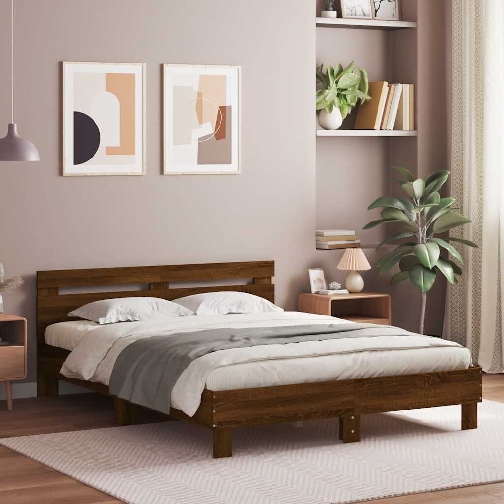 vidaXL Рамка за легло с табла кафяв дъб 140x200 см инженерно дърво