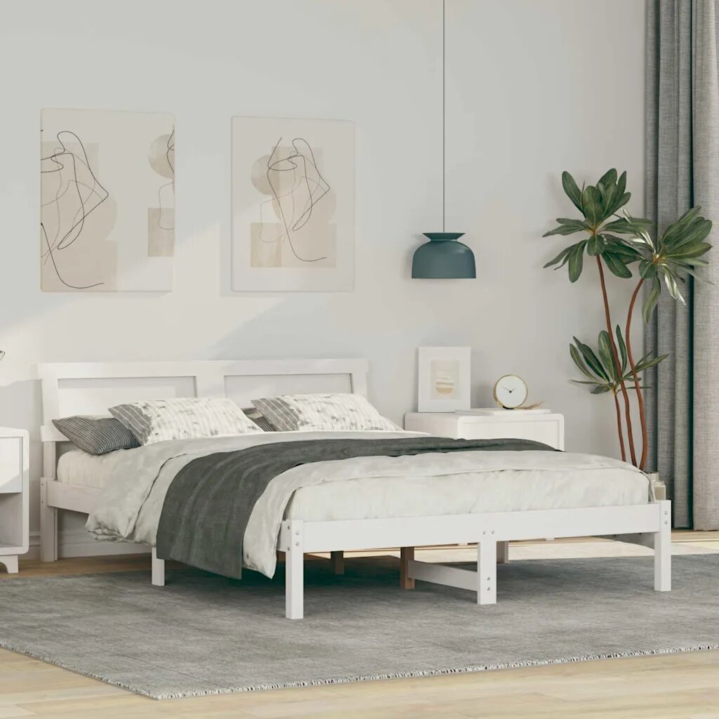vidaXL Рамка за легло с таблото Бяло 140 x 190 cm Борово дърво масив