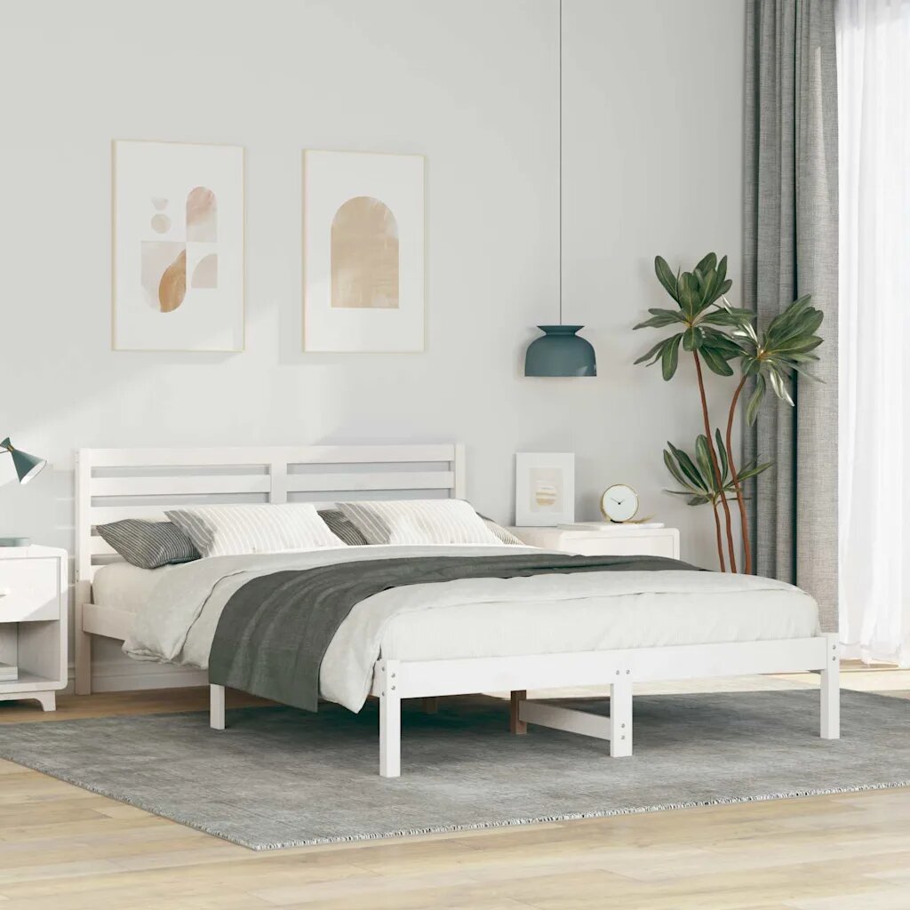 vidaXL Рамка за легло с таблото Бяло 140 x 220 cm Солидно борово дърво