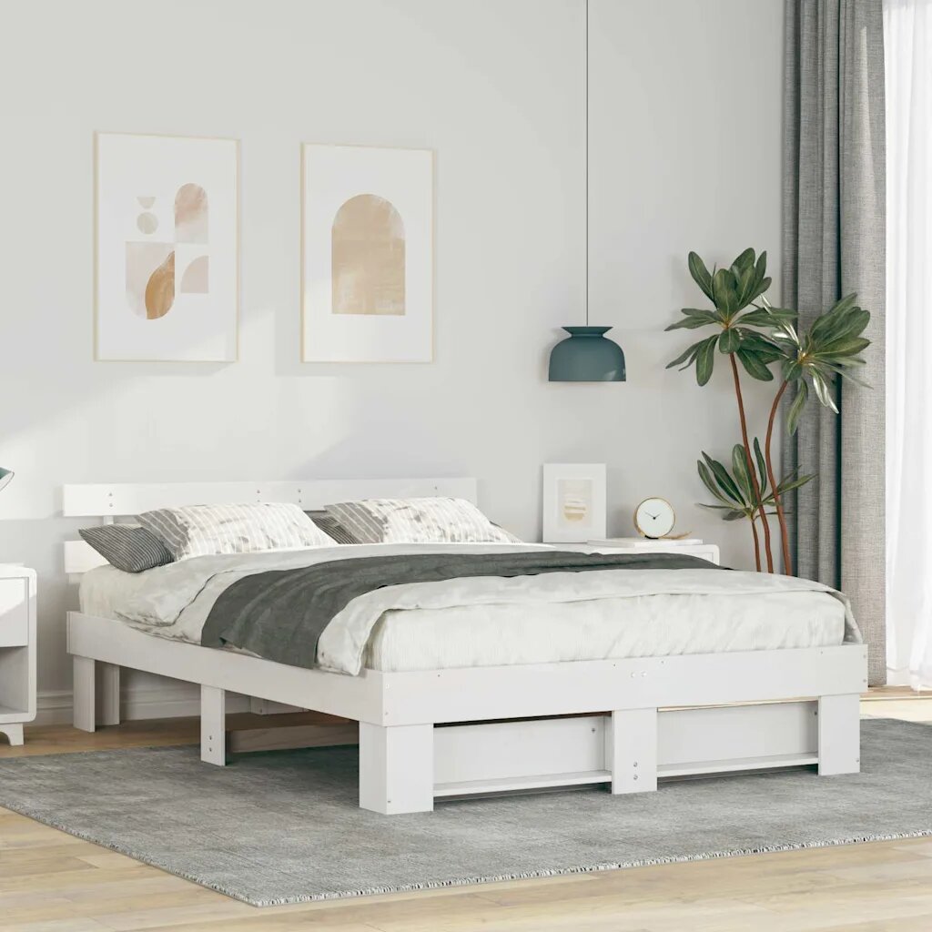 vidaXL Рамка за легло с таблото Бяло 150 x 200 cm Солидно борово дърво
