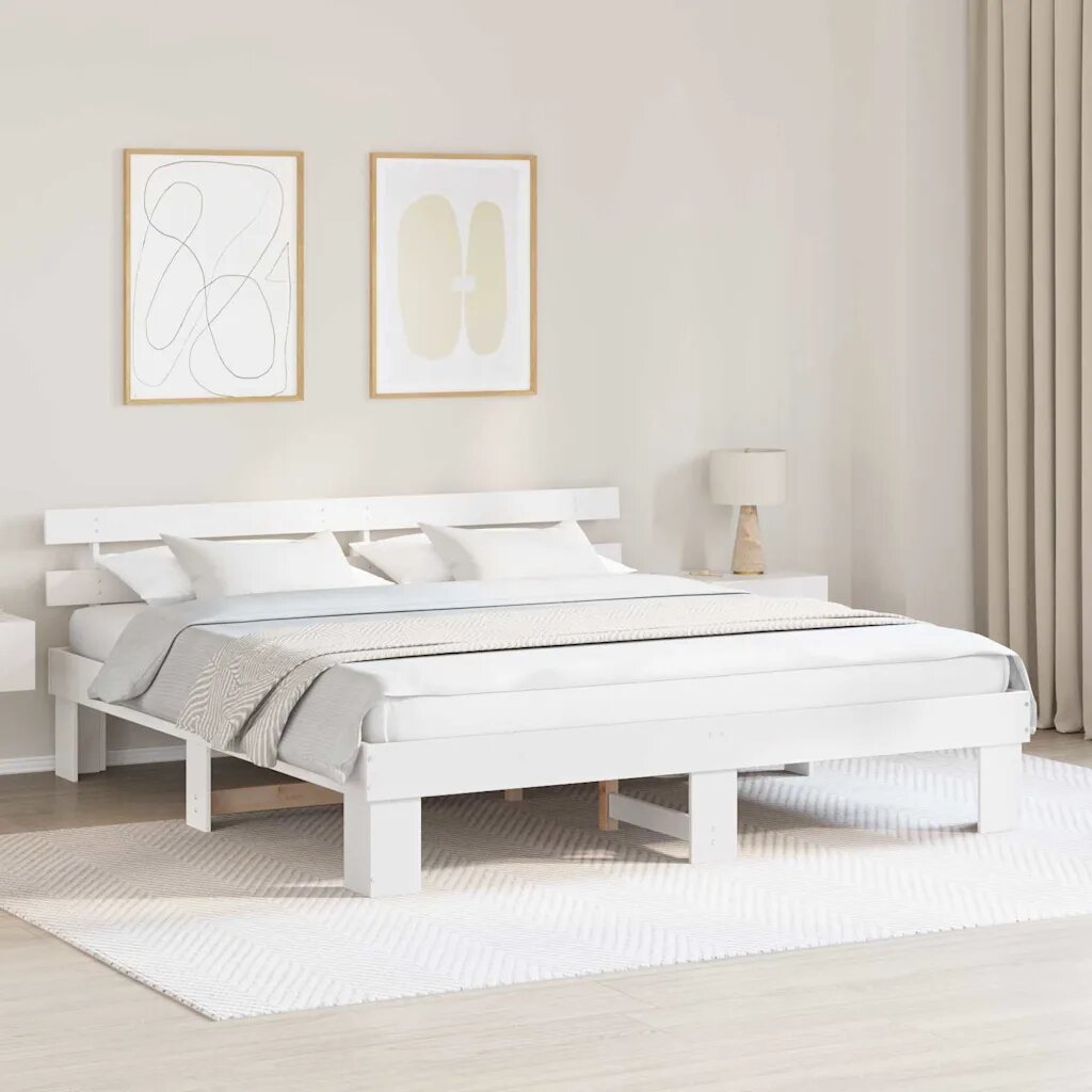 vidaXL Рамка за легло с таблото Бяло 180 x 200 cm Солидно борово дърво