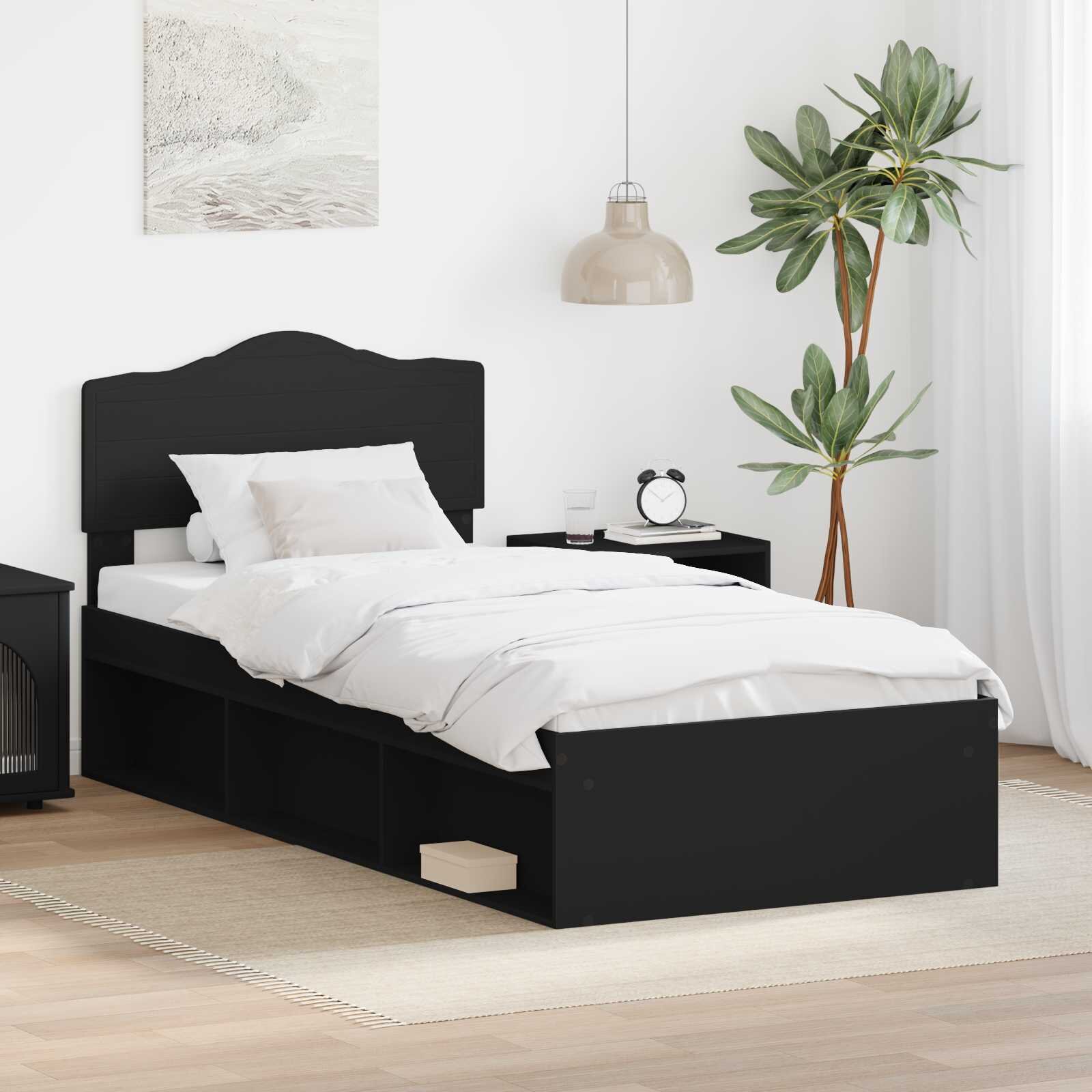 vidaXL Рамка за легло с таблото Черно 90 x 190 cm Солидно борово дърво