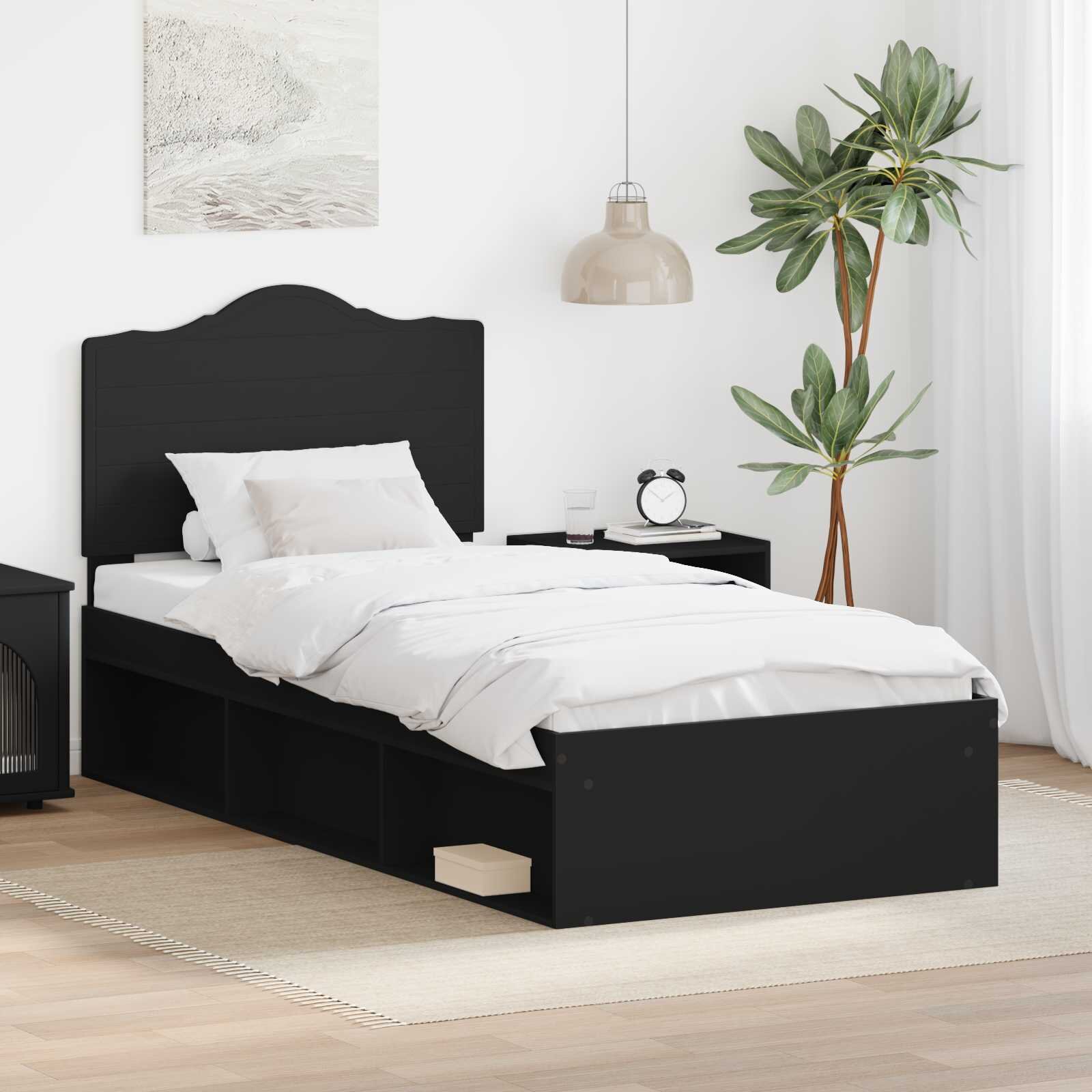 vidaXL Рамка за легло с таблото Черно 90 x 190 cm Солидно борово дърво