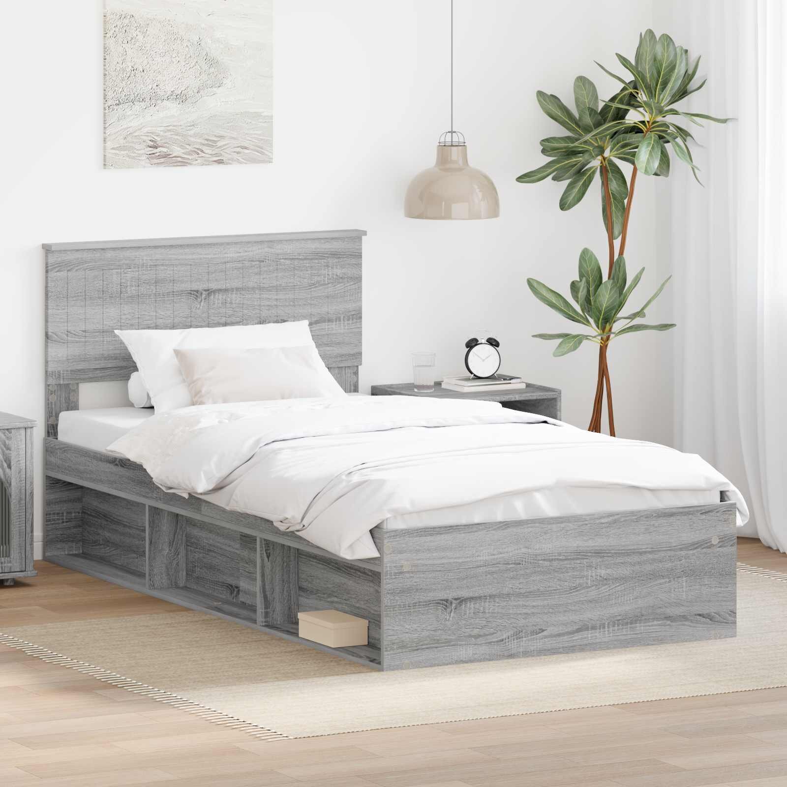 vidaXL Рамка за легло Сив Сонома 100 x 200 cm Солидно борово дърво