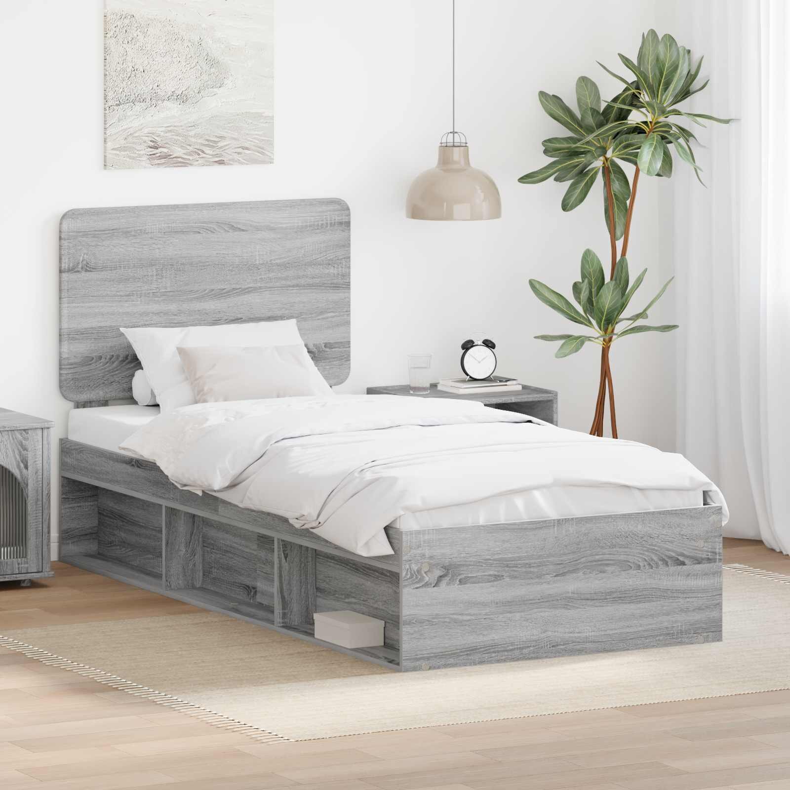 vidaXL Рамка за легло Сив Сонома 100 x 200 cm Солидно борово дърво