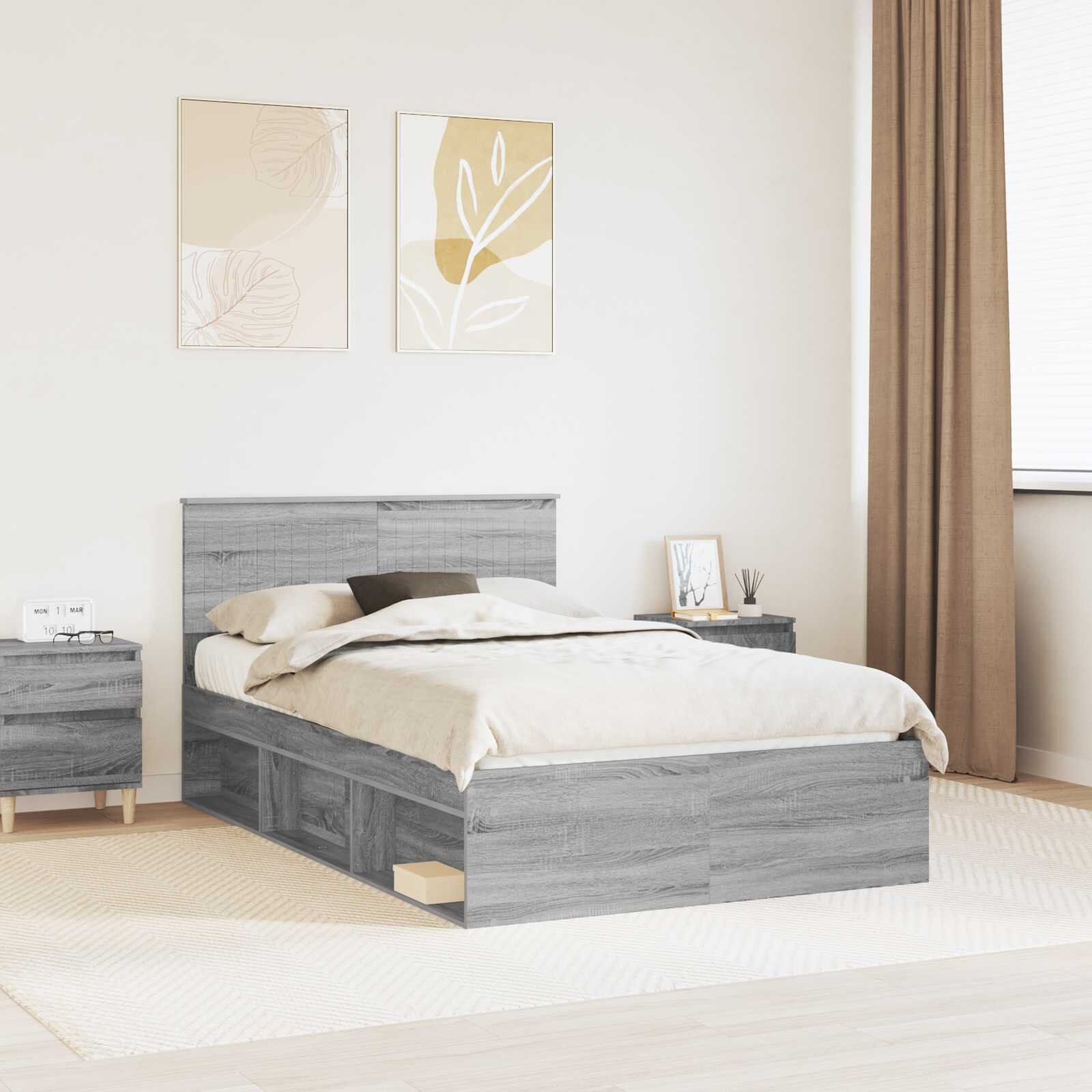 vidaXL Рамка за легло Сив Сонома 120 x 200 cm Солидно борово дърво