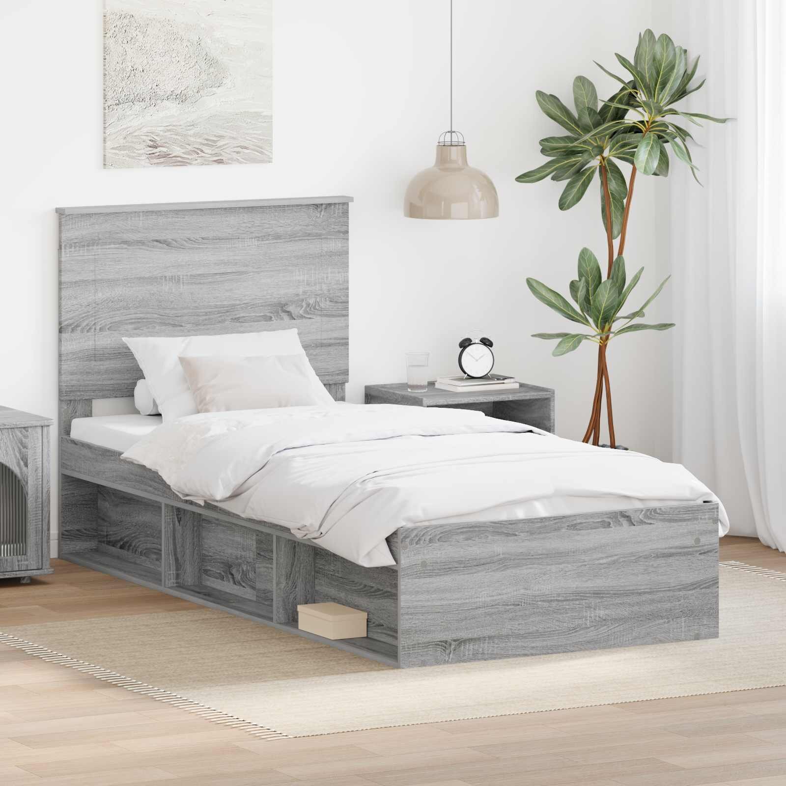 vidaXL Рамка за легло Сив Сонома 90 x 190 cm Солидно борово дърво