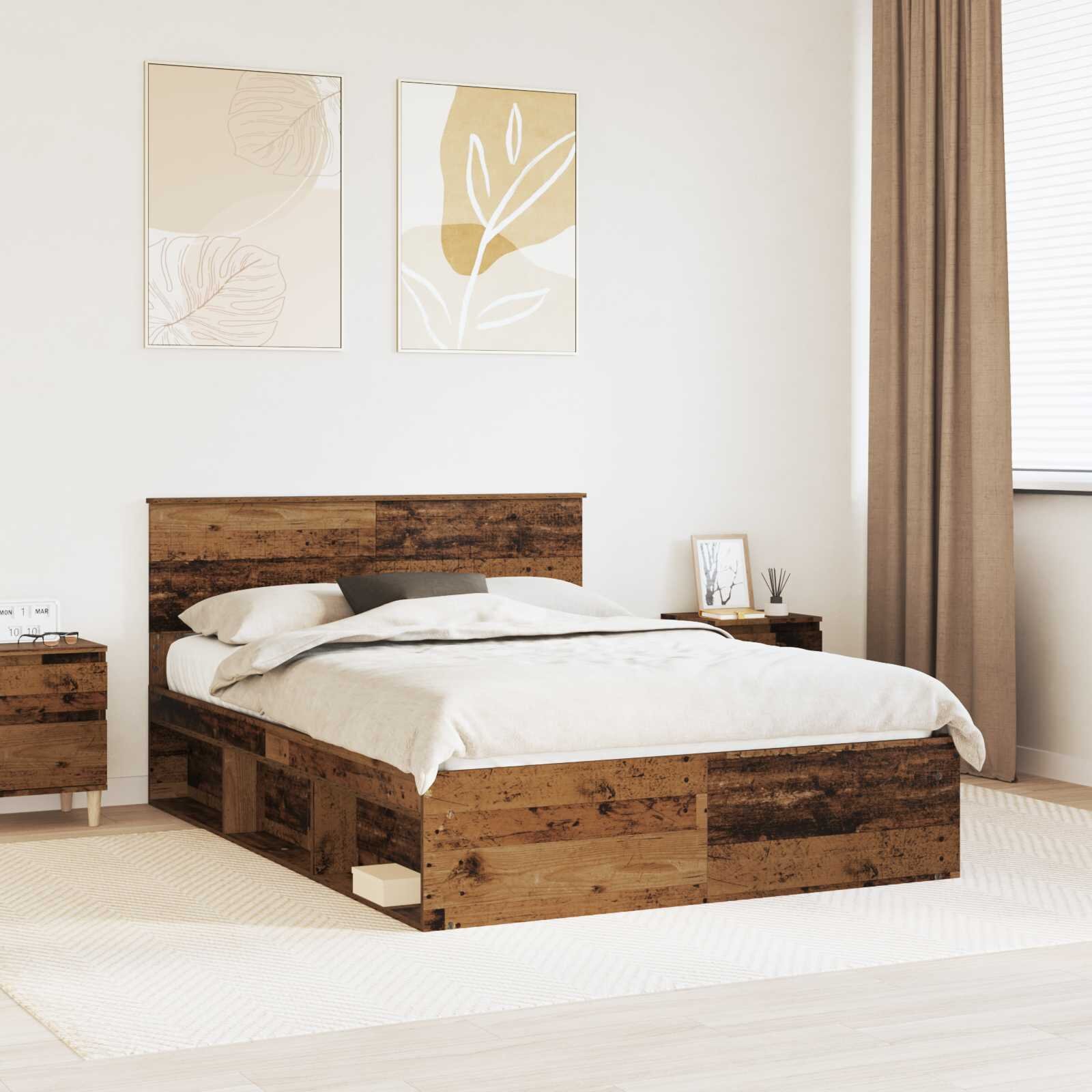 vidaXL Рамка за легло Старо дърво 140 x 190 cm Солидно борово дърво