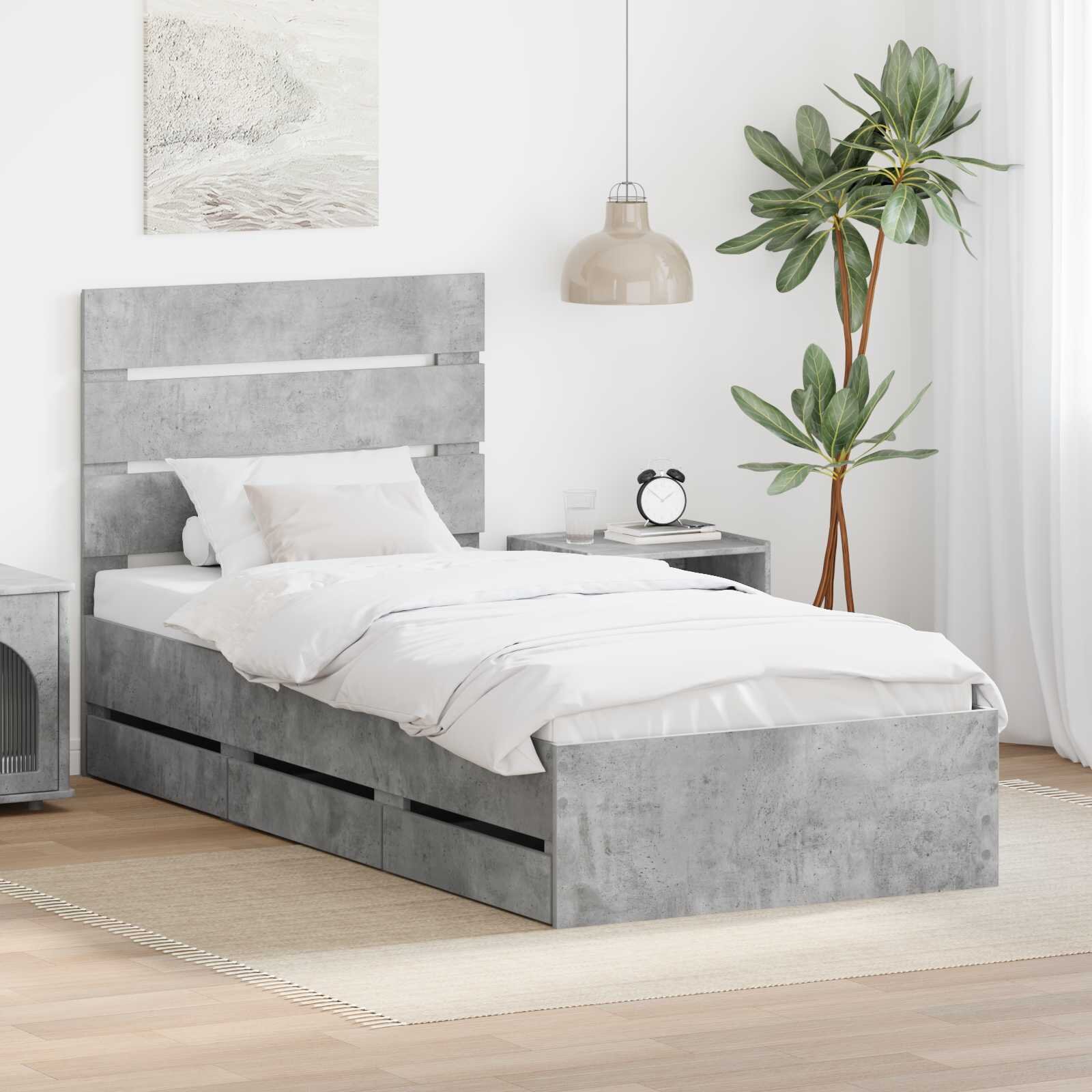 vidaXL Рамка за легло Циментено сиво 75 x 190 cm Инженерна дървесина