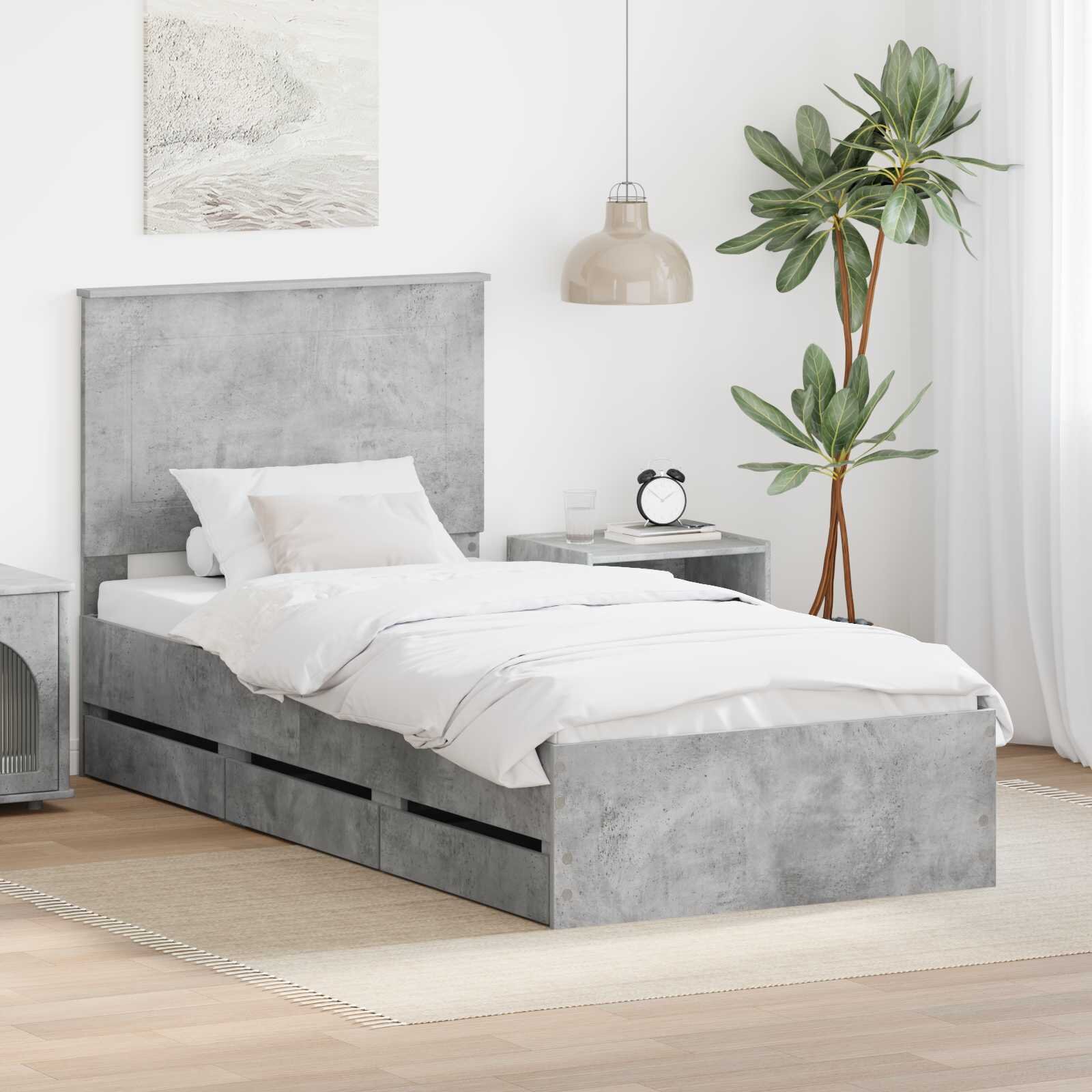 vidaXL Рамка за легло Циментено сиво 90 x 190 cm Инженерна дървесина