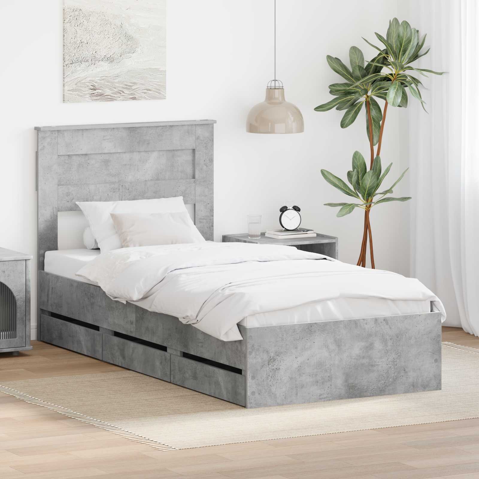 vidaXL Рамка за легло Циментено сиво 90 x 190 cm Инженерна дървесина