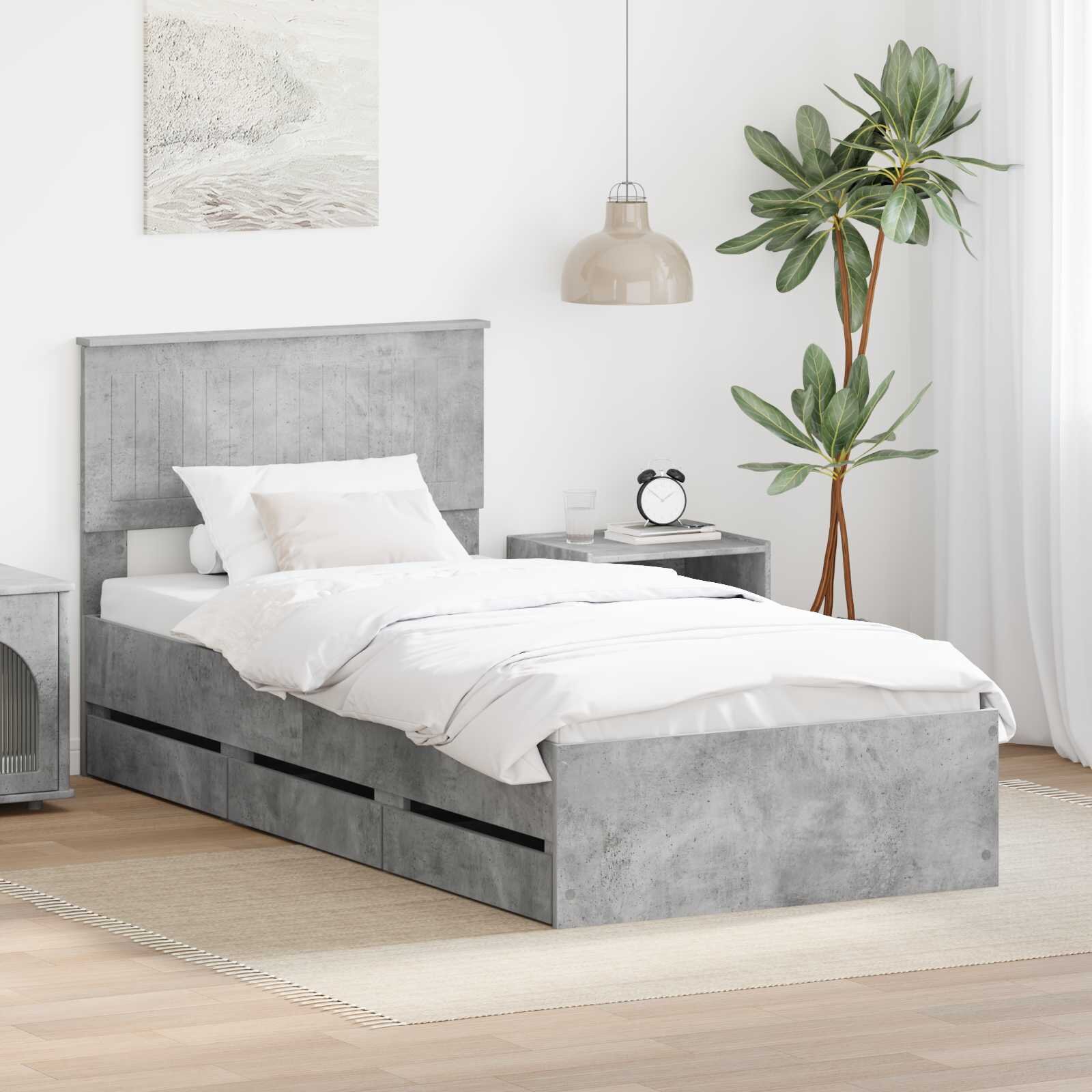 vidaXL Рамка за легло Циментено сиво 90 x 190 cm Инженерна дървесина