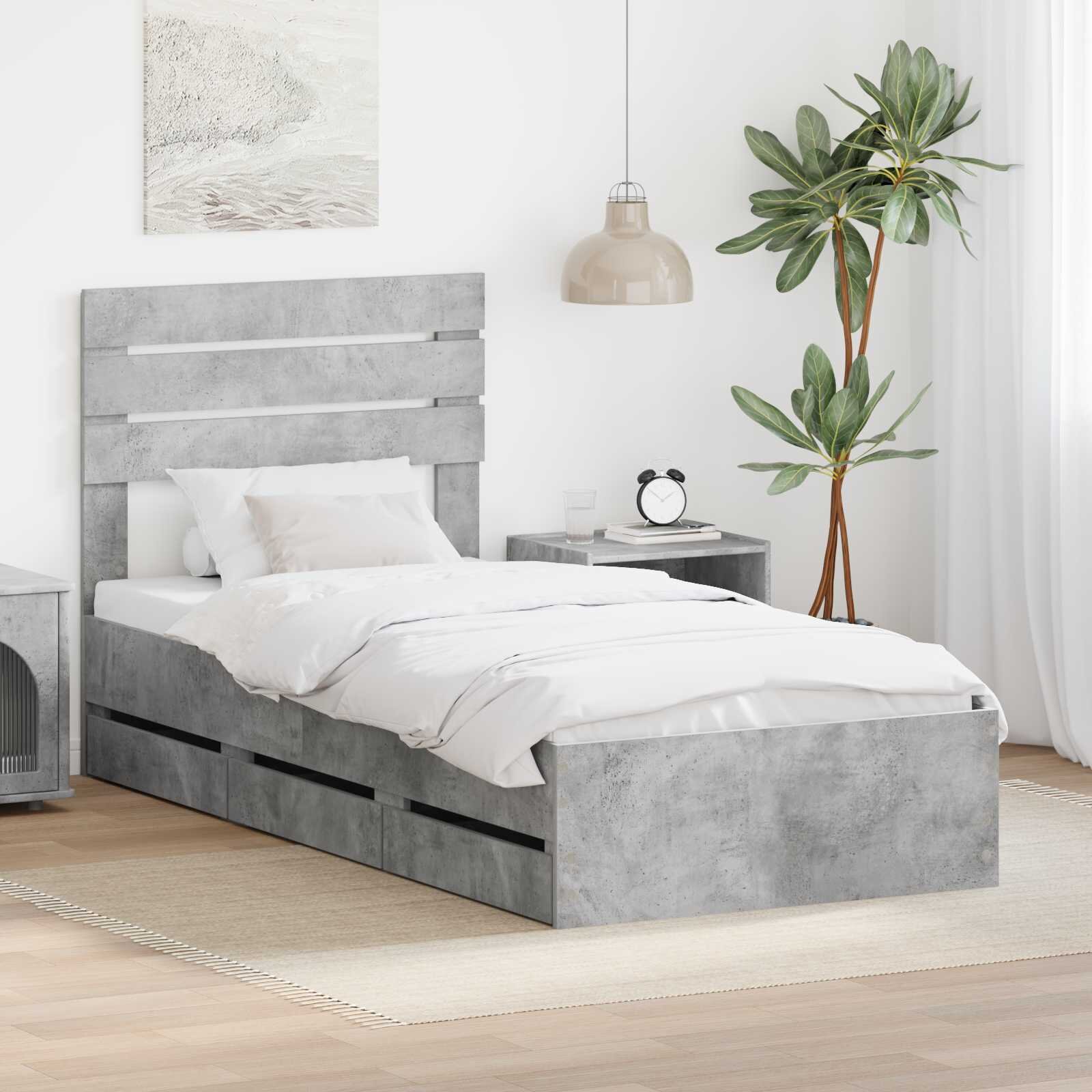 vidaXL Рамка за легло Циментено сиво 90 x 190 cm Инженерна дървесина