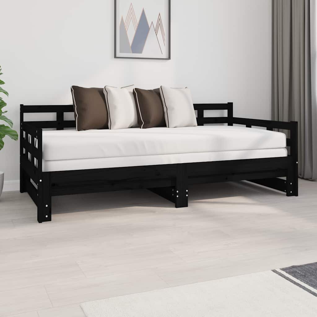 vidaXL Разтегателна кушетка черна борово дърво масив 2x(90x190) см