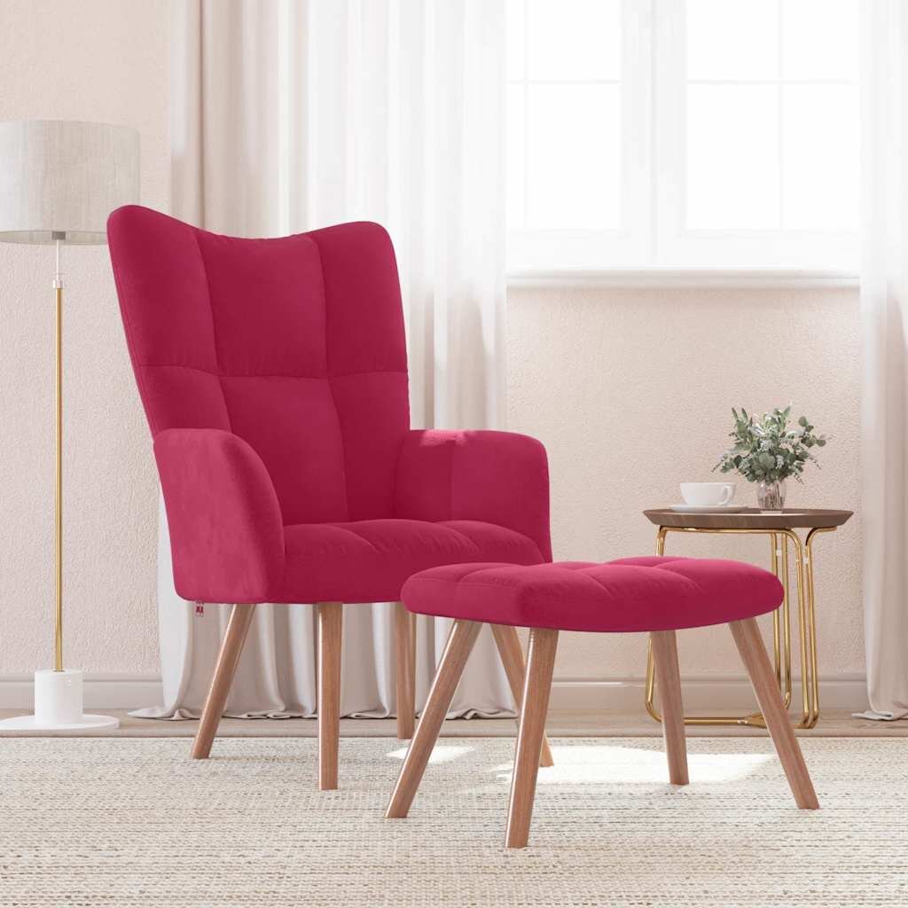 vidaXL Релакс стол с табуретка виненочервен кадифе
