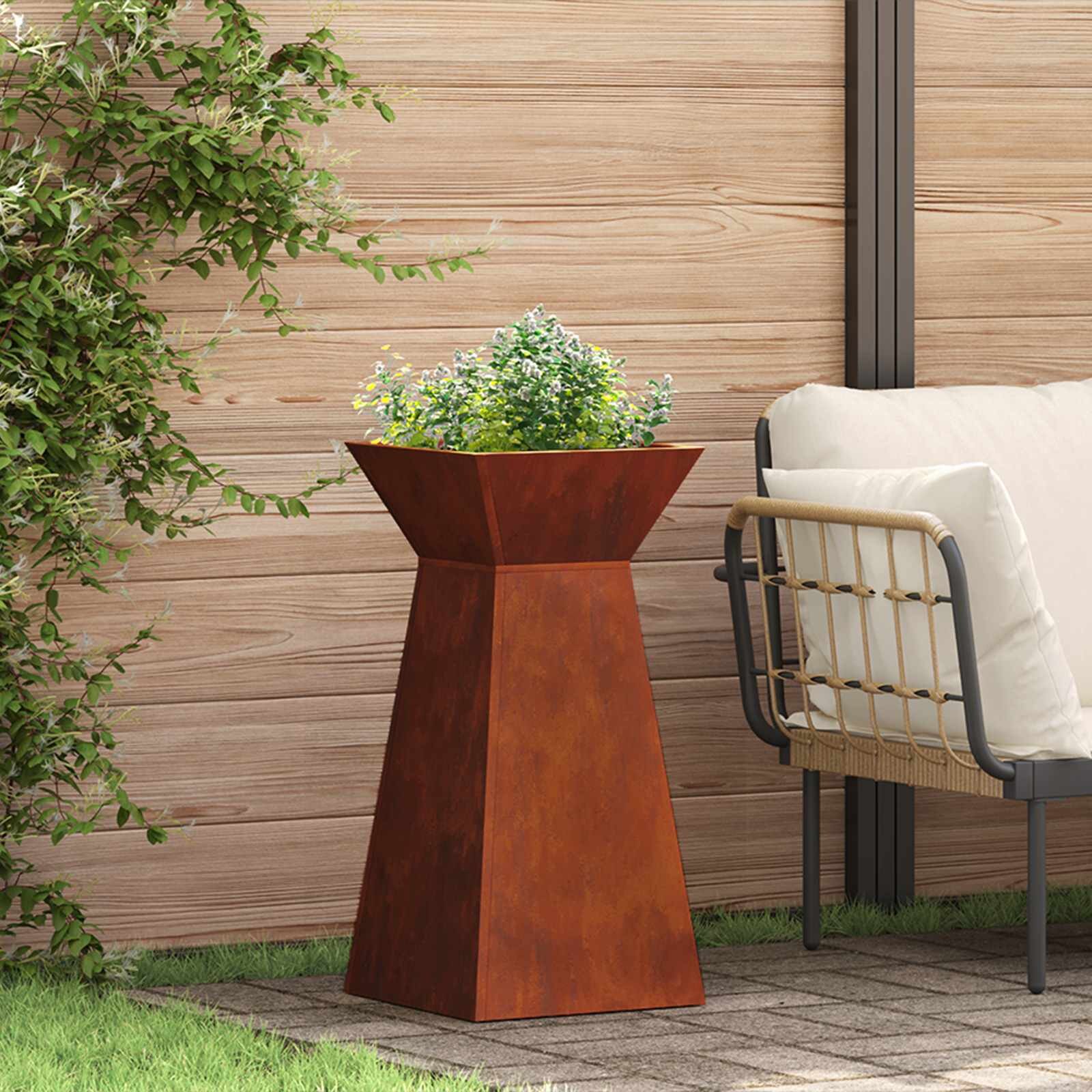 vidaXL Саксия с колона Ръждясало 35 x 35 x 73 см Кортенова стомана