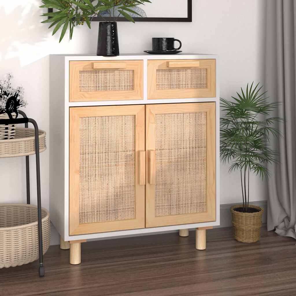 vidaXL Сайдборд бял 60x30x75 см бор масив и естествен ратан
