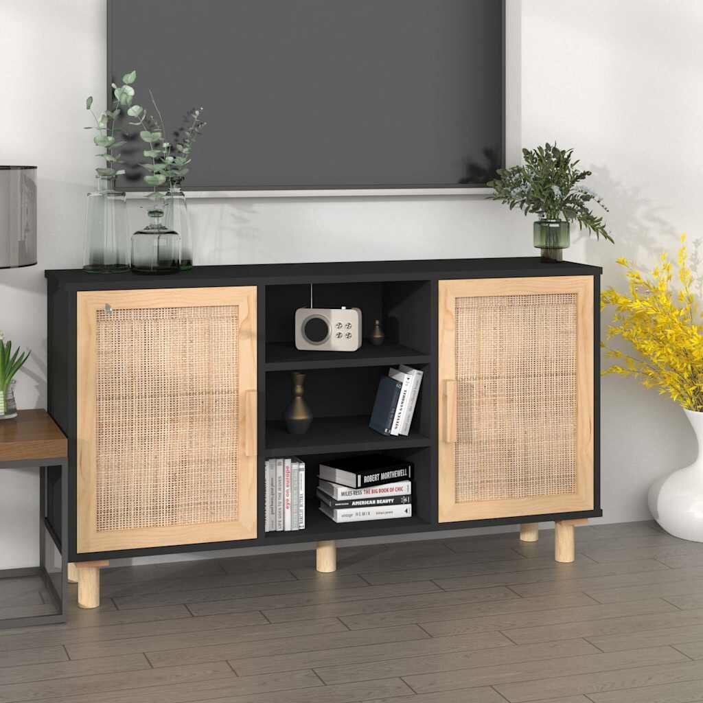 vidaXL Сайдборд черен 105x30x60 см бор масив и естествен ратан