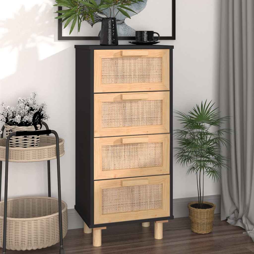 vidaXL Сайдборд черен 40x30x90 см бор масив и естествен ратан
