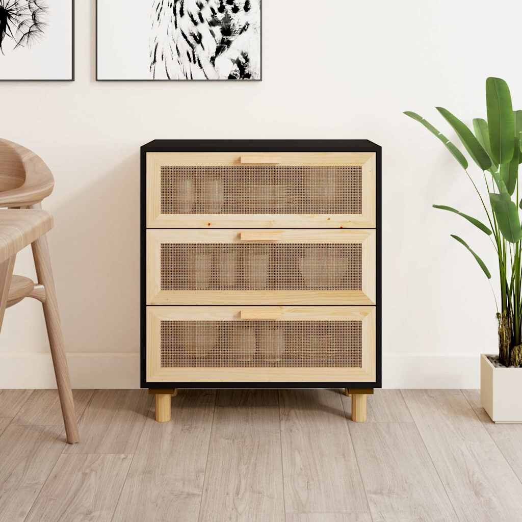 vidaXL Сайдборд черен 60x30x70 см бор масив и естествен ратан
