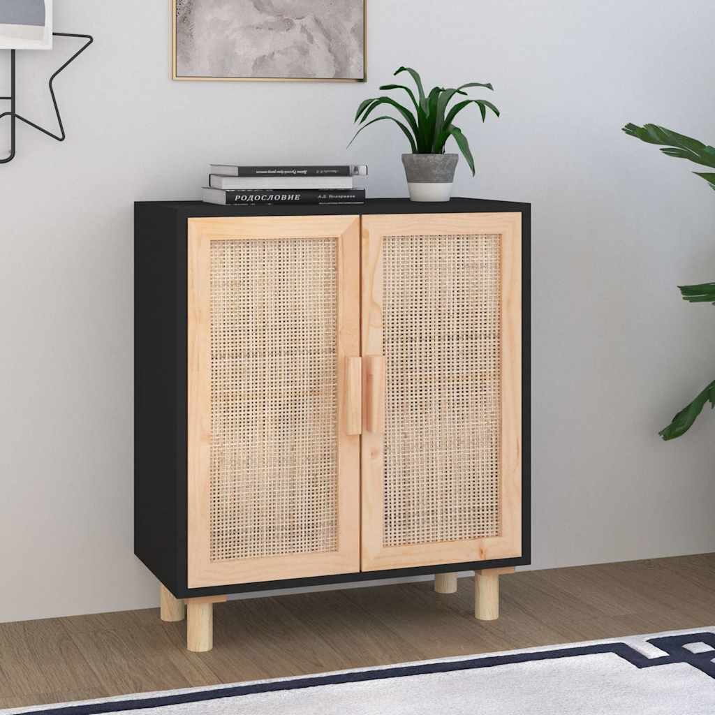vidaXL Сайдборд черен 60x30x70 см бор масив и естествен ратан