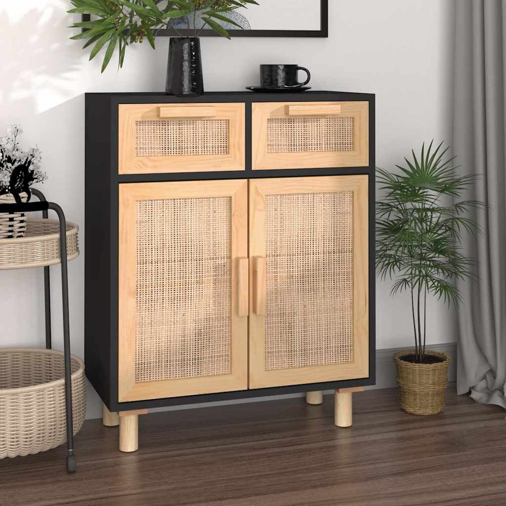 vidaXL Сайдборд черен 60x30x75 см бор масив и естествен ратан