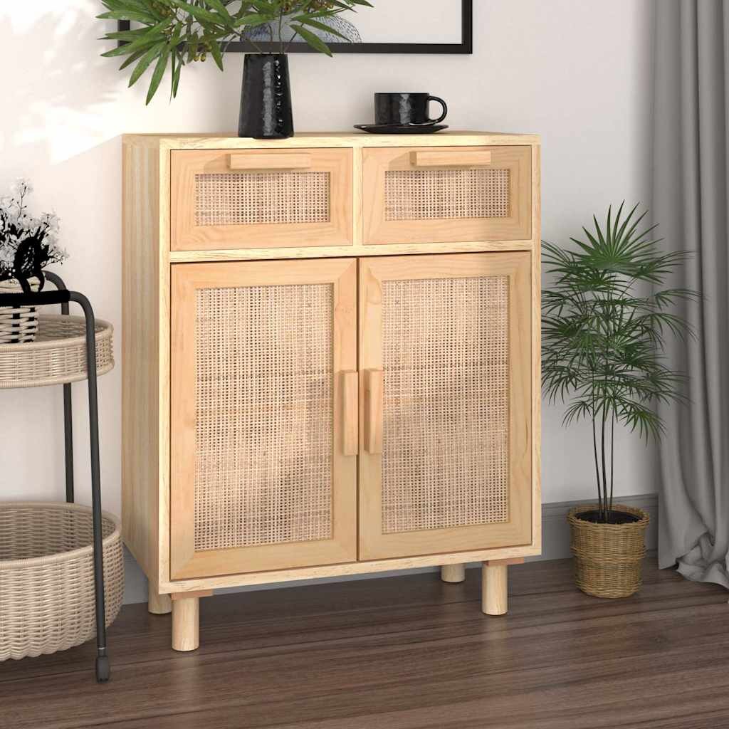 vidaXL Сайдборд кафяв 60x30x75 см бор масив и естествен ратан