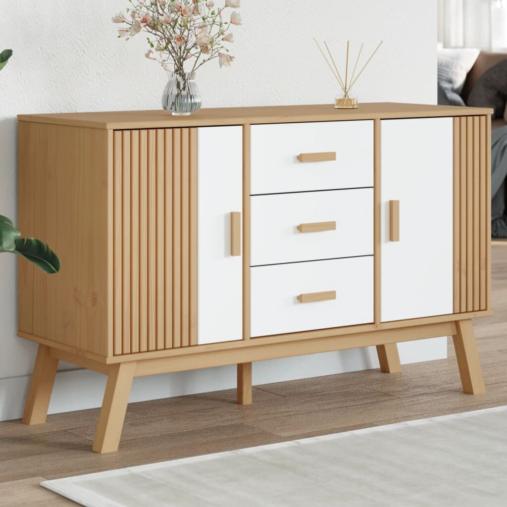 vidaXL Сайдборд OLDEN бяло и кафяво 114x43x735 см бор масив