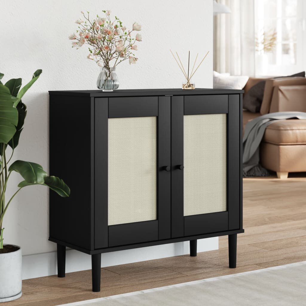 vidaXL Сайдборд "SENJA" ратанова визия черен 80x35x80 см бор масив