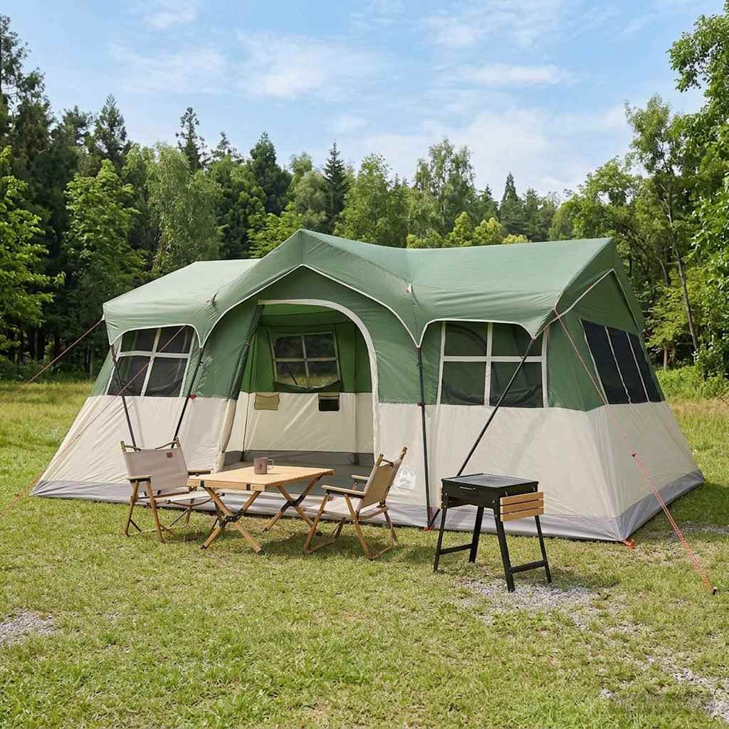 vidaXL Семейна палатка 487 x 340 x 216 см Зелено Полиестер и стомана