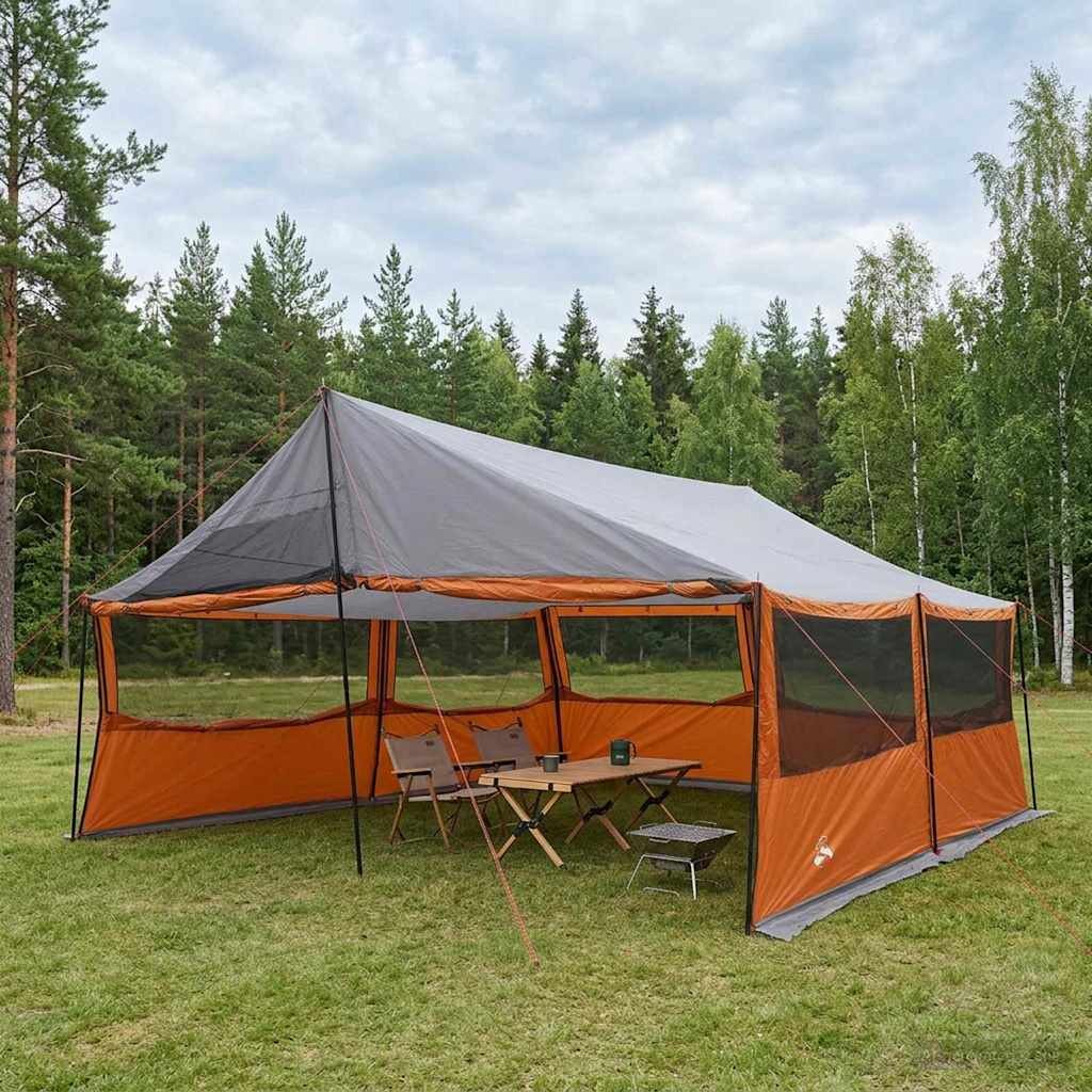 vidaXL Семейна палатка с покрив Сив и оранжев 600 x 400 x 268 см