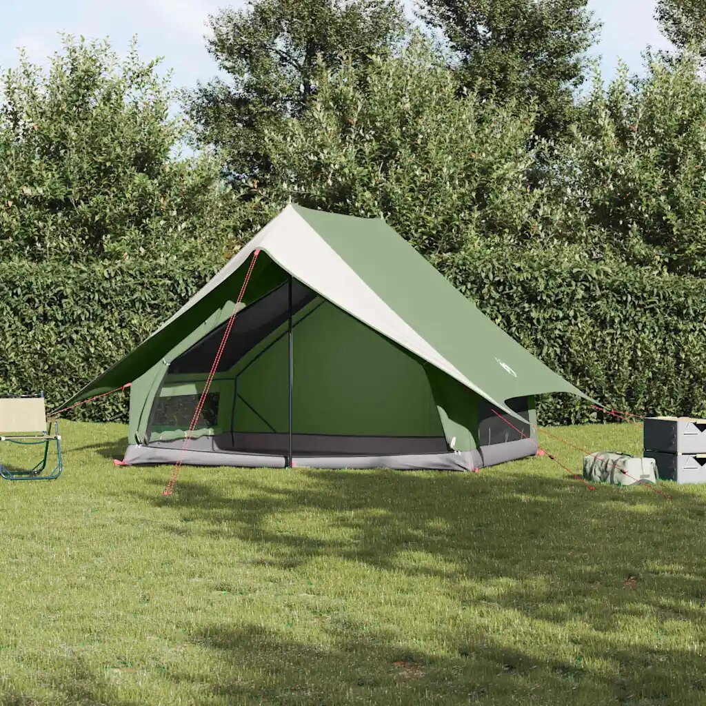 vidaXL Семейна палатка с покрив Зелен и бял 256 x 256 x 185 см
