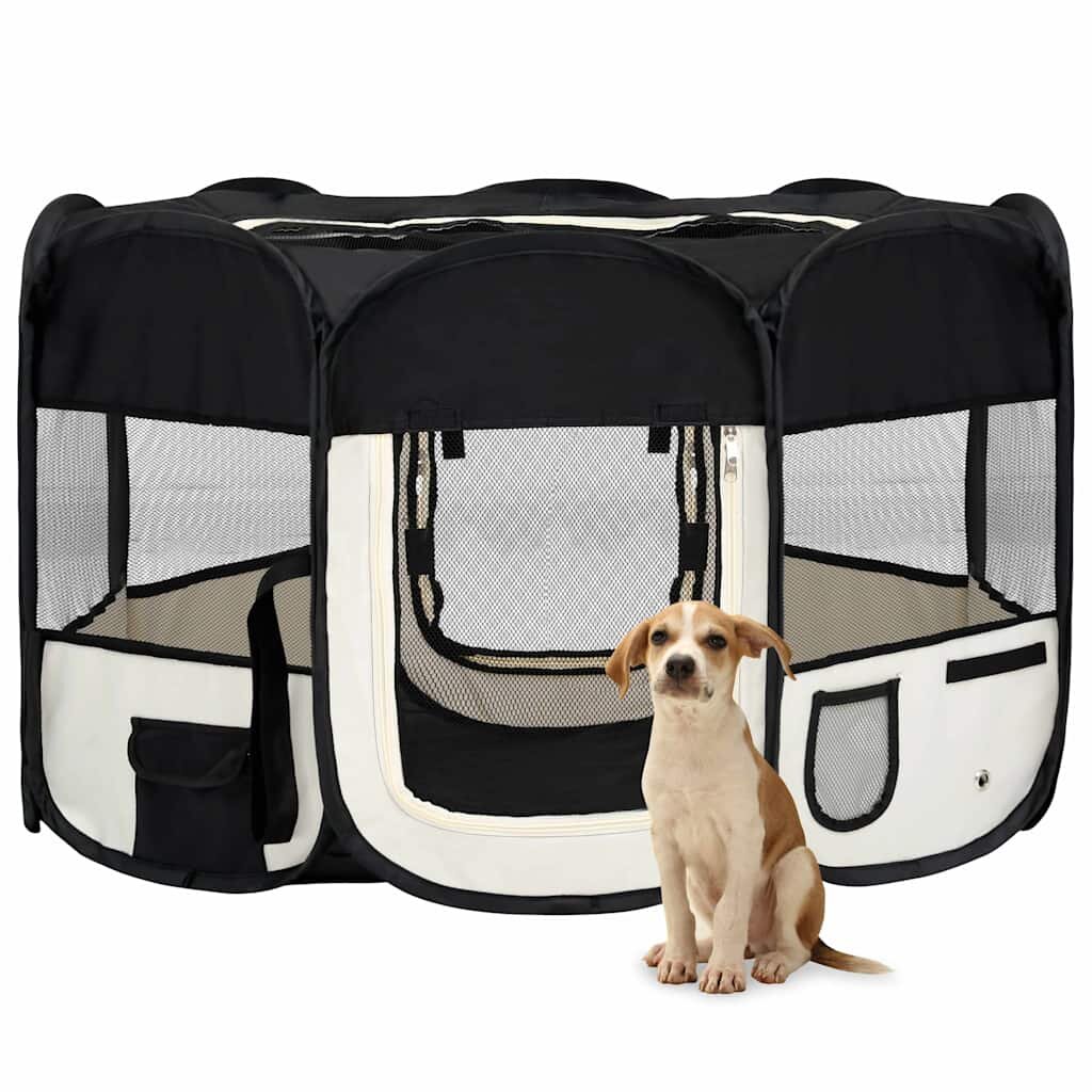 vidaXL Сгъваема кучешка кошара с чанта за носене черна 125x125x61 см