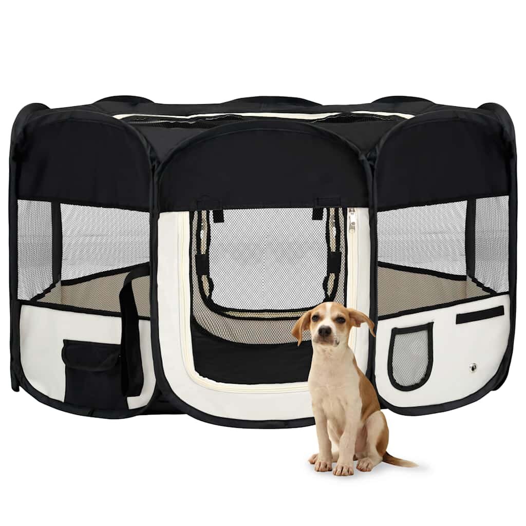 vidaXL Сгъваема кучешка кошара с чанта за носене черна 145x145x61 см
