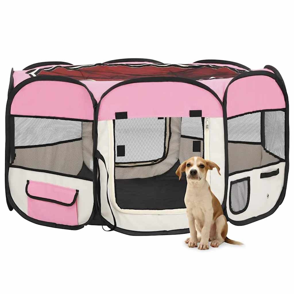 vidaXL Сгъваема кучешка кошара с чанта за носене розова 125x125x61 см