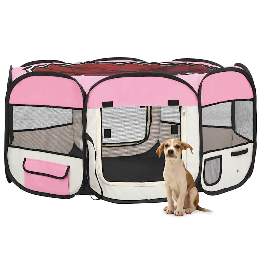 vidaXL Сгъваема кучешка кошара с чанта за носене розова 145x145x61 см