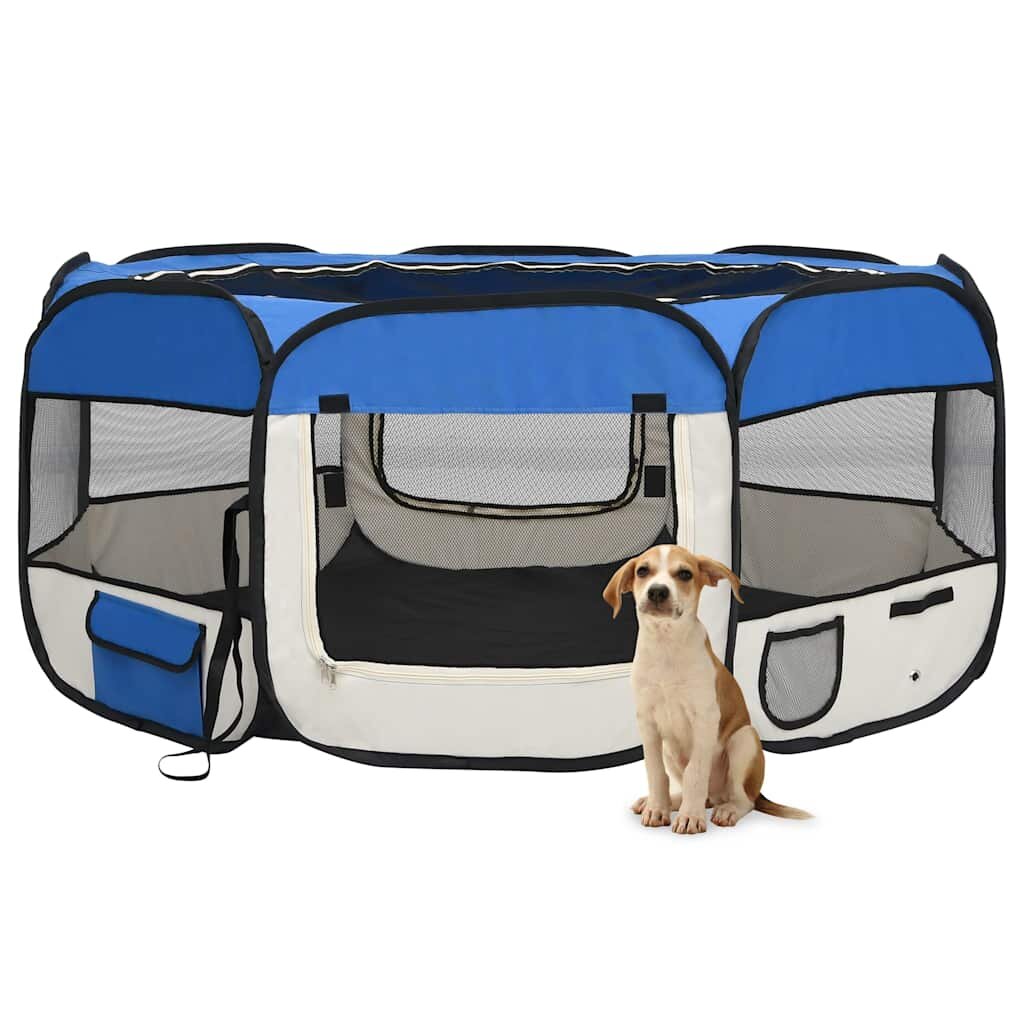 vidaXL Сгъваема кучешка кошара с чанта за носене синя 145x145x61 см