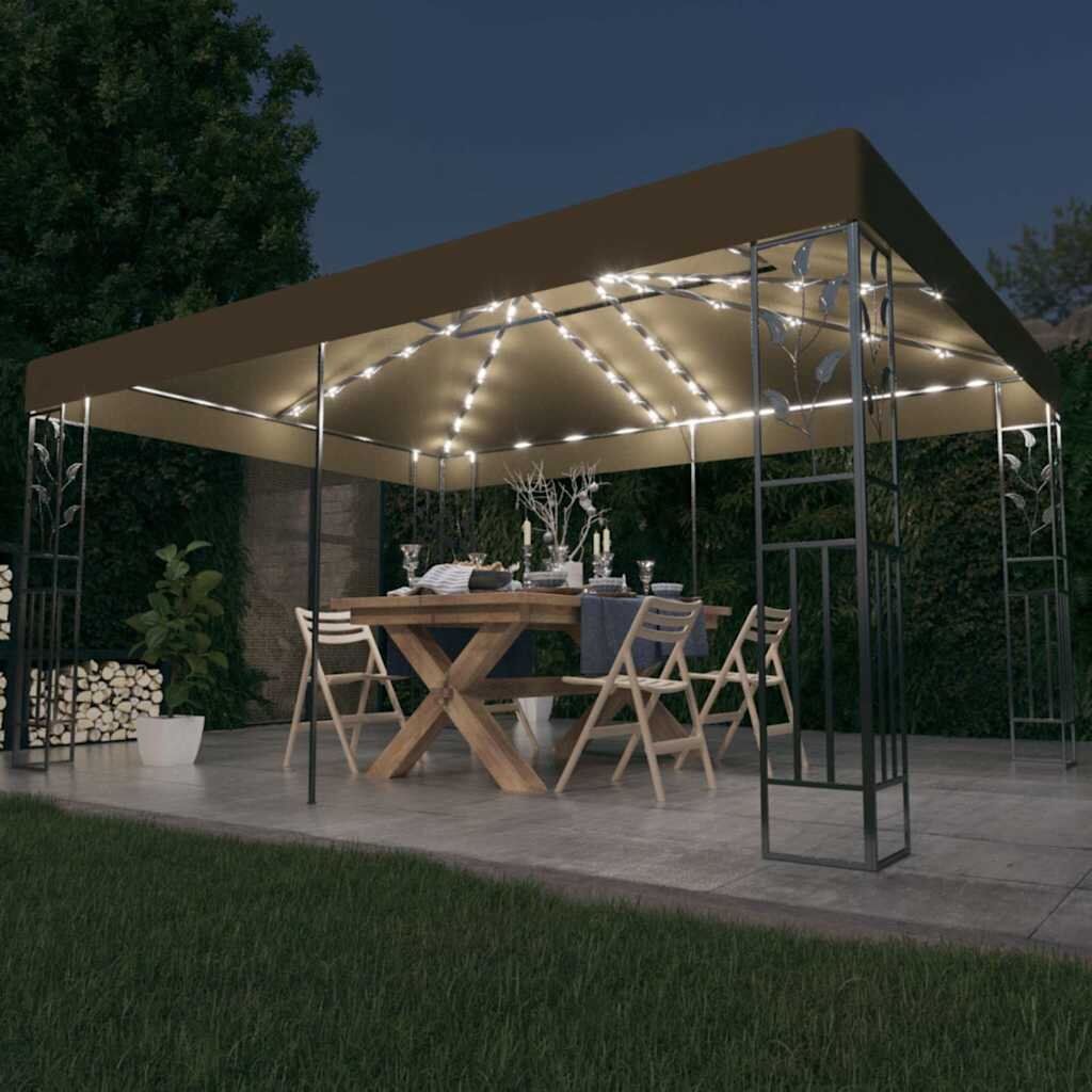 vidaXL Шатра с двоен покрив и LED светещи стрингове 3x4 м таупе