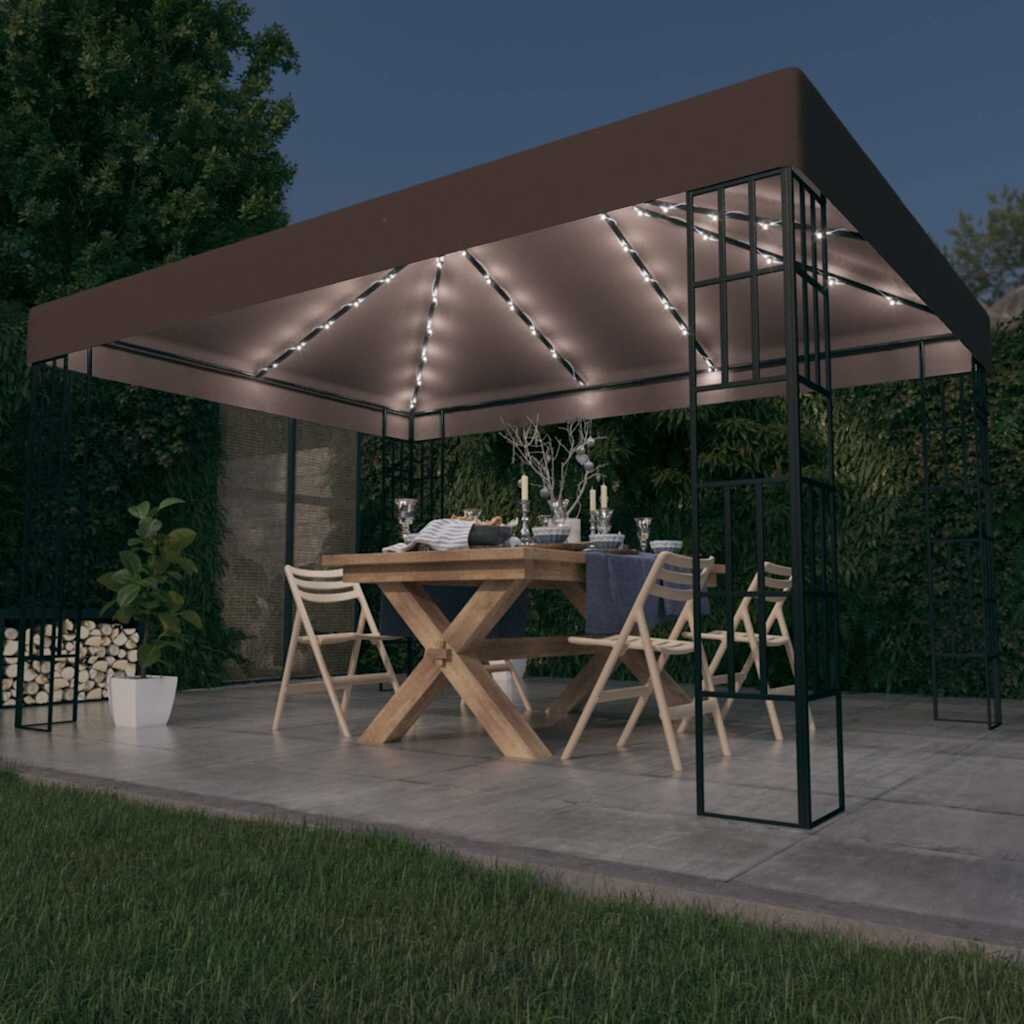 vidaXL Шатра с LED светещи стрингове 4х3 м таупе