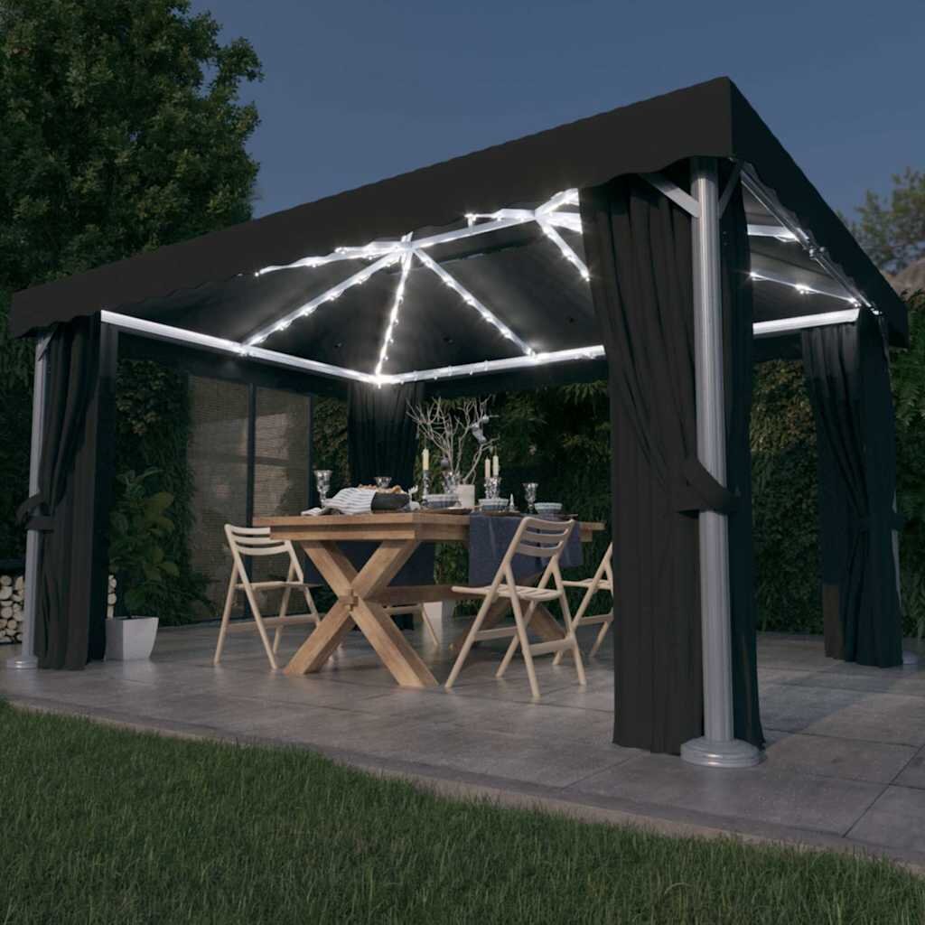 vidaXL Шатра със завеси и LED светещи стрингове 4х3 м антрацит