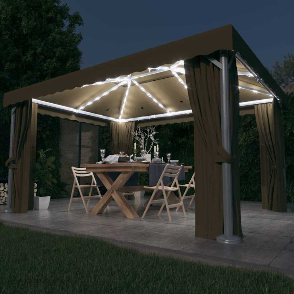 vidaXL Шатра със завеси и LED светещи стрингове 4x3 м таупе