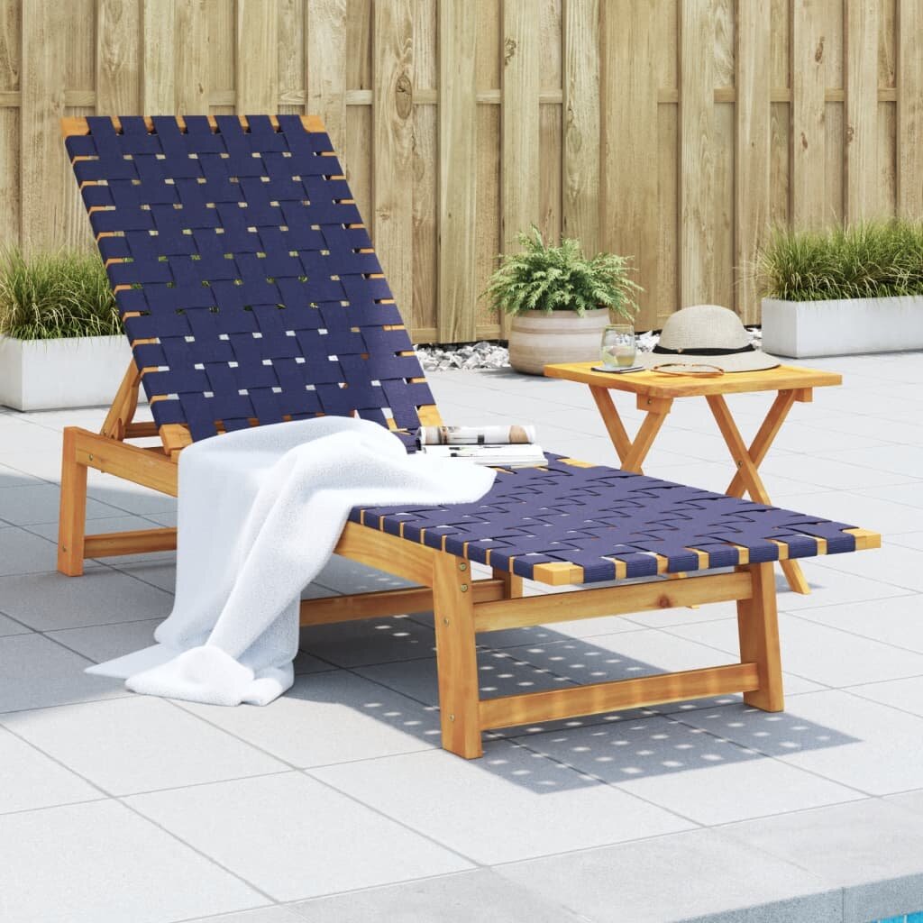 vidaXL Шезлонг с масичка тъмносин масивно дърво акация и текстил