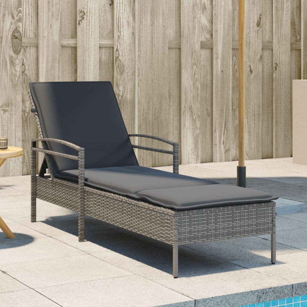 vidaXL Шезлонг с възглавница сив 63x200x81 см полиратан
