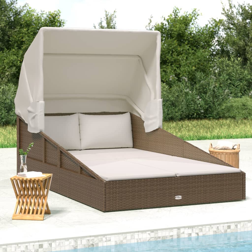 vidaXL Шезлонг със сгъваем покрив кафяв 200x114x128 см полиратан