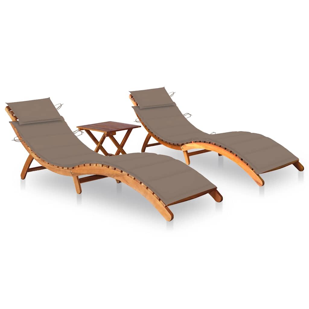 vidaXL Шезлонги 2 бр с маса и възглавници акациево дърво масив