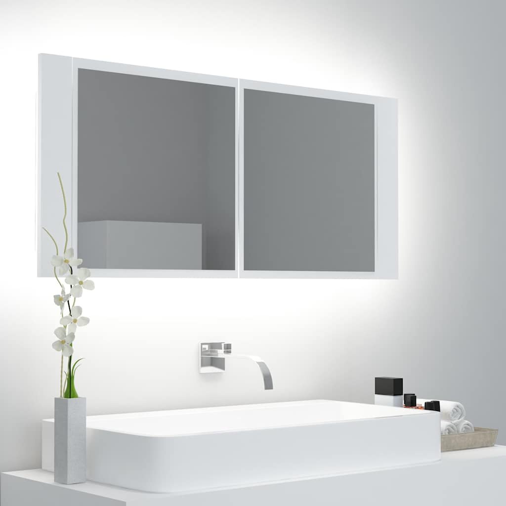 vidaXL Шкаф с LED огледало за баня бял 100x12x45 см акрил